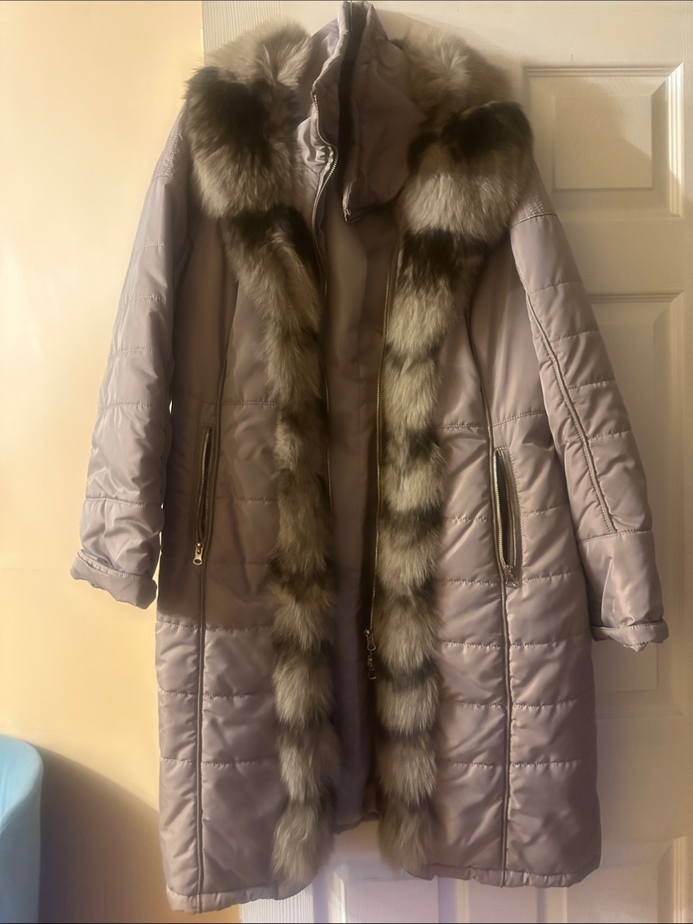 Maximillian Women's Quilted Long Coat with Fox Fur Trim - Gray